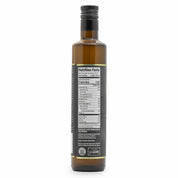 Backside Stavros Kalamata Reserve EVOO bottle photographed showcasing nutrition facts