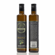 Two Stavros Kalamata Reserve EVOO bottles photographed to show the front side and back side of the label