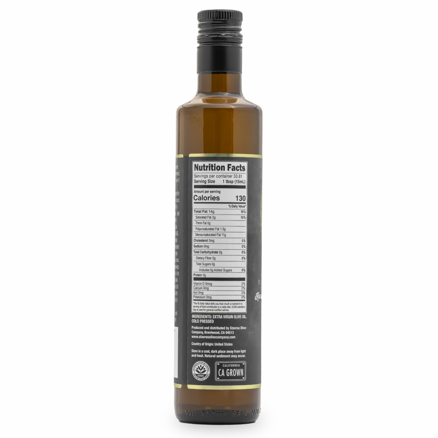 Backside Stavros Koroneiki Arbequina Blend Extra Virgin Olive Oil bottle photographed, showcasing nutrition facts