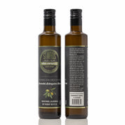 Two bottles of Stavros olive oil with labels on a white background